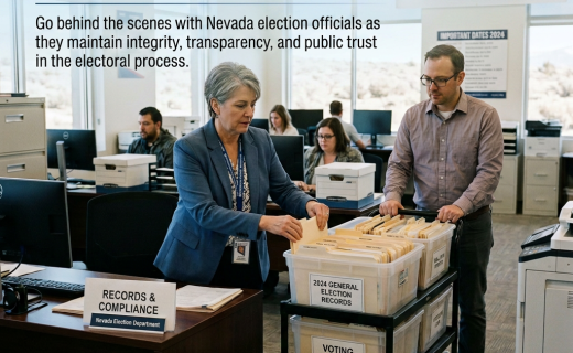 Two election staff members organize labeled 2024 election records in a Nevada office