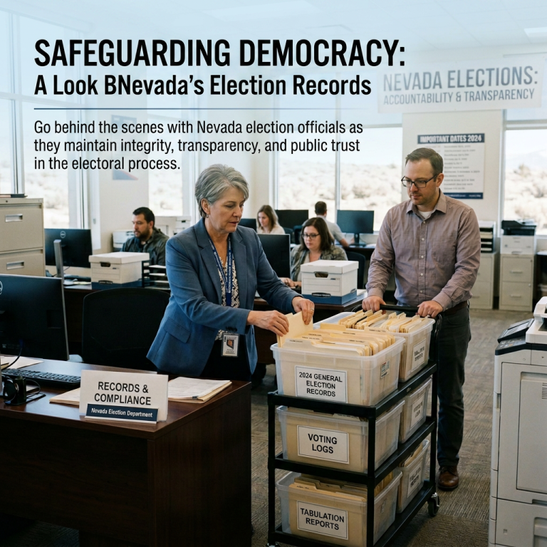 Two election staff members organize labeled 2024 election records in a Nevada office