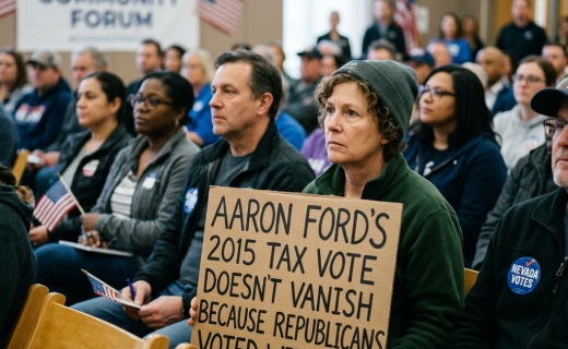 Attendee holds sign reading “AARON FORD’S 2015 TAX VOTE DOESN’T VANISH BECAUSE REPUBLICANS VOTED WITH HIM” at Nevada Community Forum.