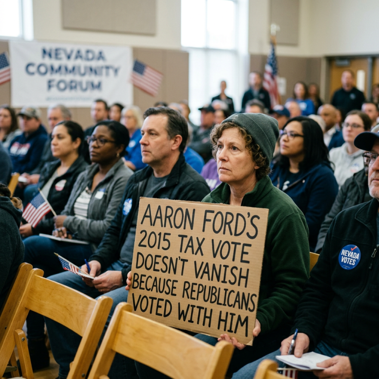 Attendee holds sign reading “AARON FORD’S 2015 TAX VOTE DOESN’T VANISH BECAUSE REPUBLICANS VOTED WITH HIM” at Nevada Community Forum.